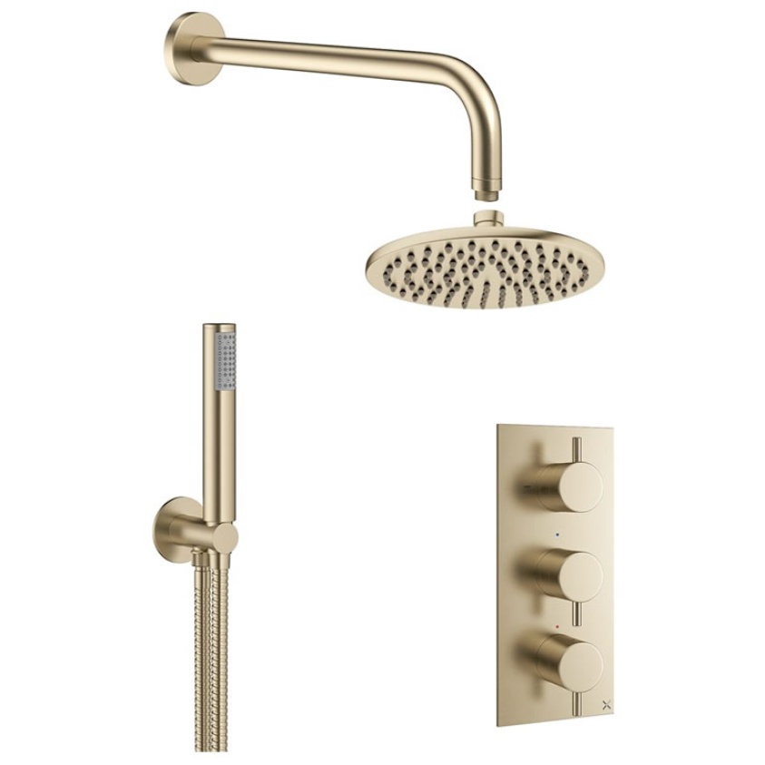 Cutout image of Crosswater MPRO Brushed Brass 2 Outlet 3 Handle Shower Set